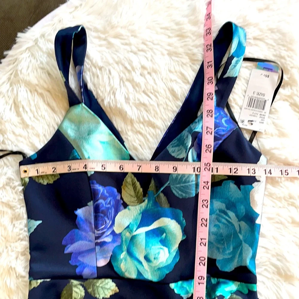 NWT FLORAL PRINT COCKTAIL FITTED BLUE TEAL & NAVY GREAT WEDDING GUEST DRESS - Picture 8 of 9